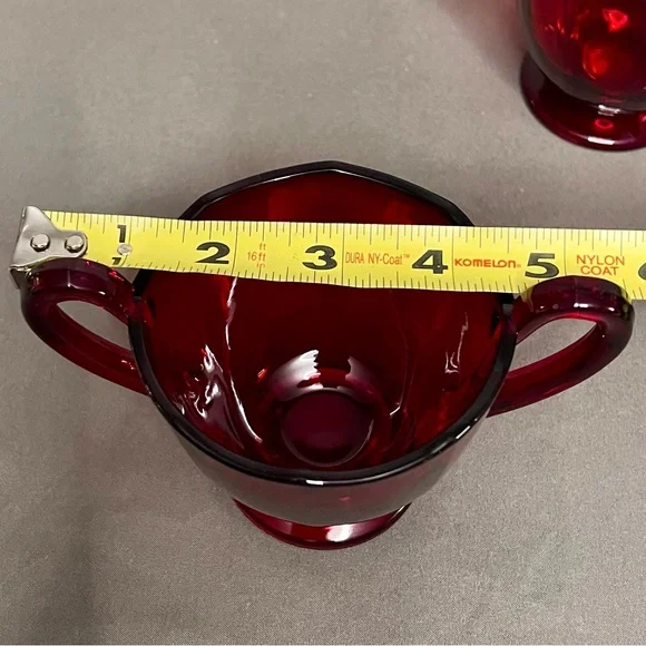 VTG Ruby Red Depression Glass Sugar & Creamer Set W/ Waved Rims - Picture 8 of 10